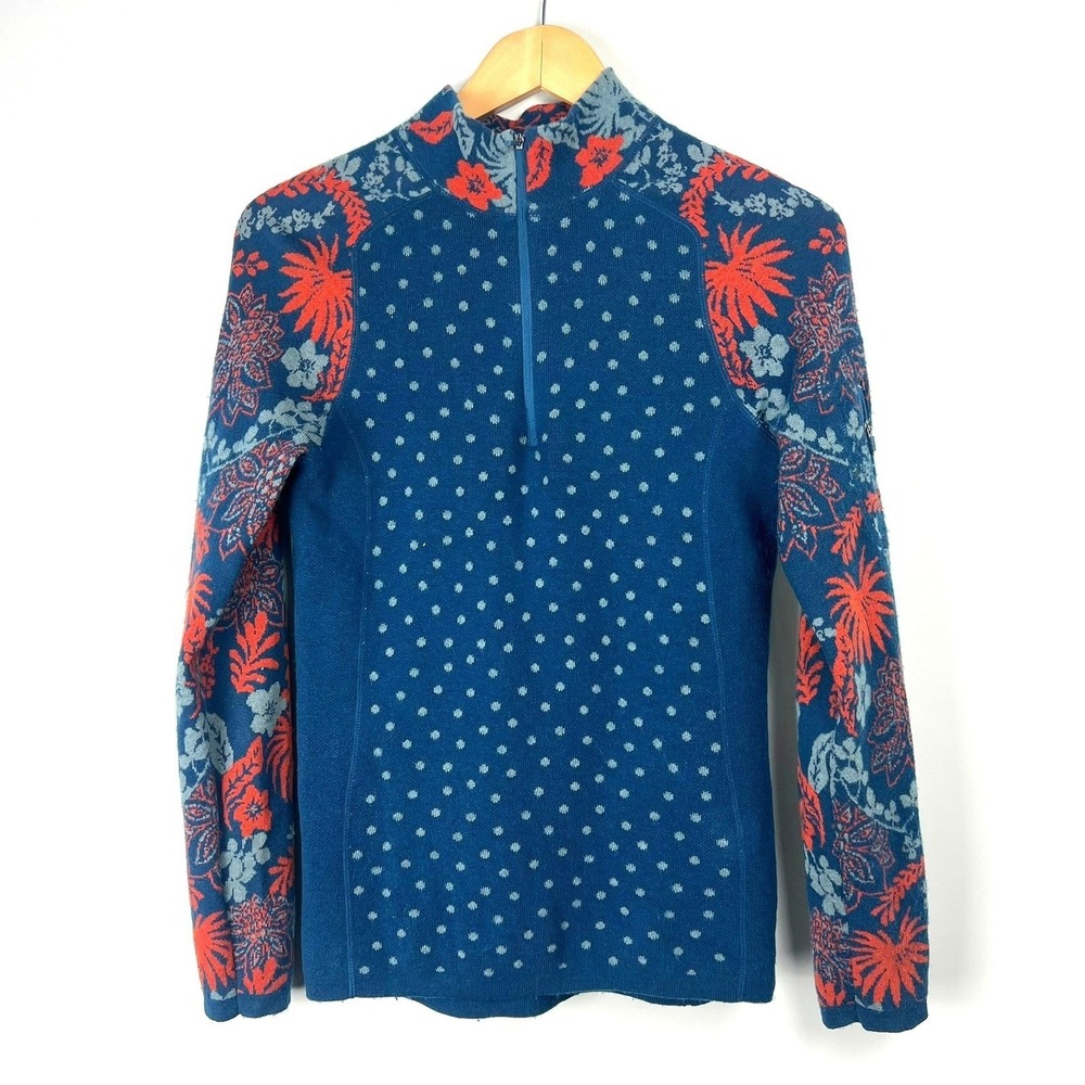 Title Nine Merino Wool Blend Floral Dot Print Quarter Zip Pullover XS Base Layer